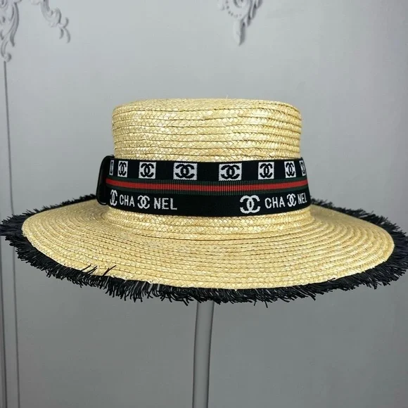 CHANEL Woven Hat with Black and Red Trim - Picture 4 of 6
